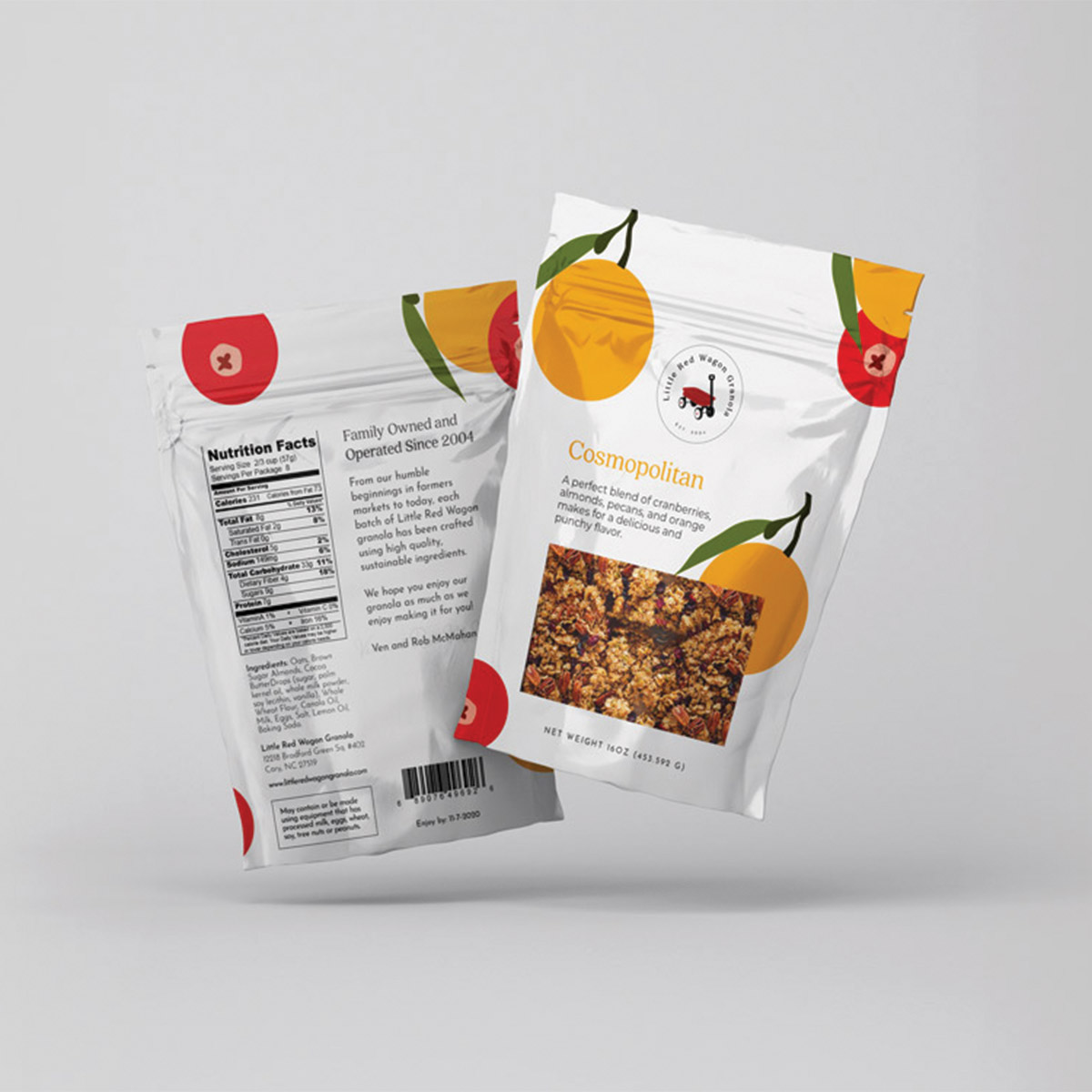 Little Red Wagon Granola Cosmopolitan flavor; sustainable food packaging