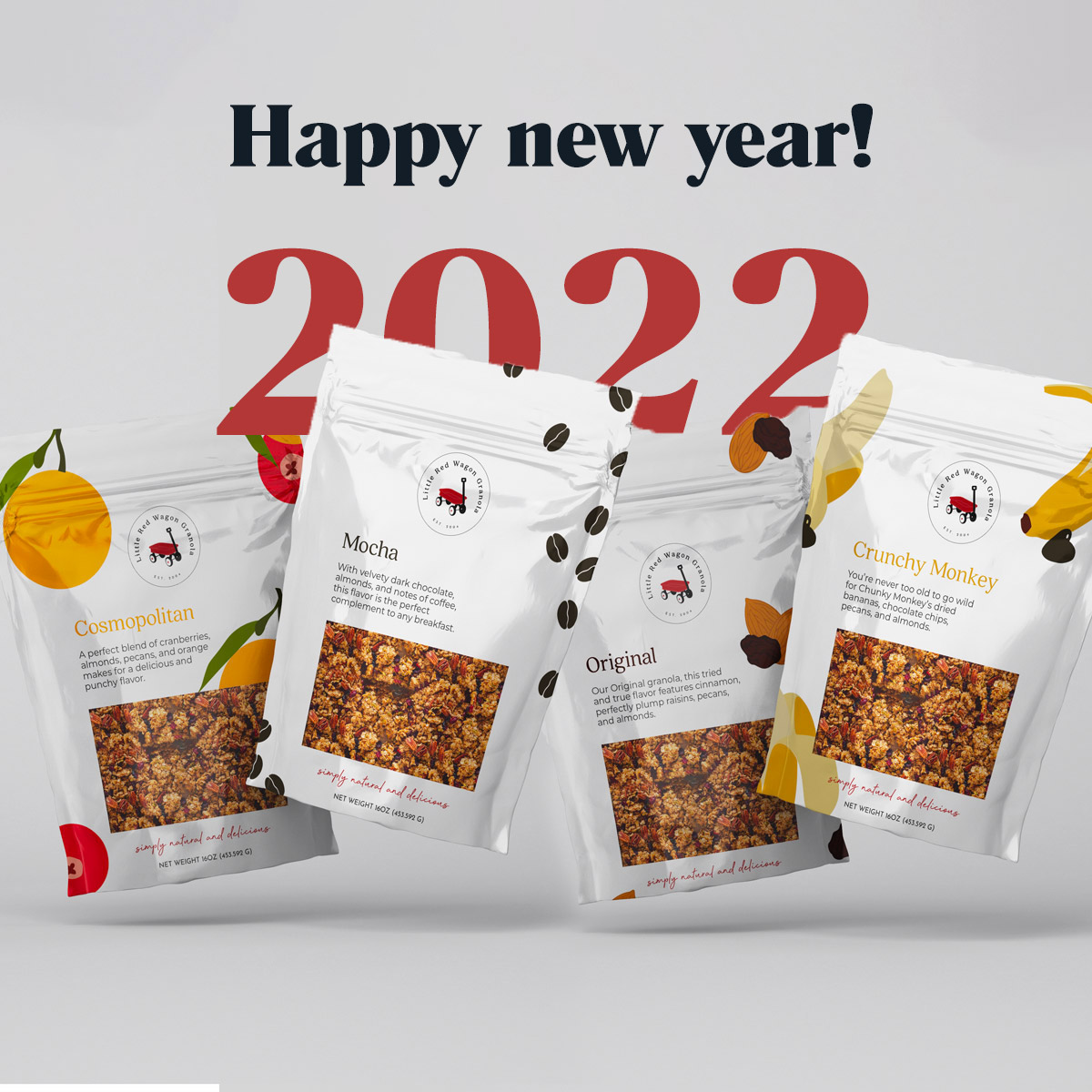 the high-fiber snack, granola, overlays the caption "Happy new year! 2022"