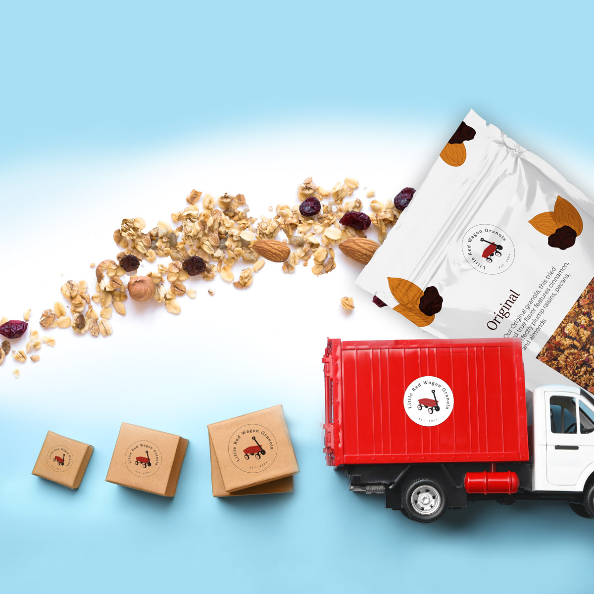 image showing little red wagon granola as a wholesale granola supplier, with a supply truck and tons of granola