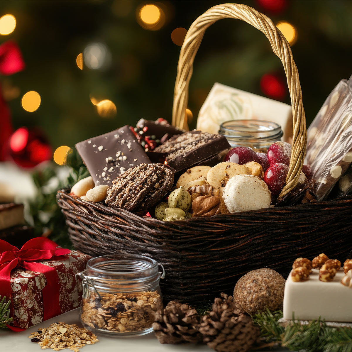 Holiday gift basket with granola for a blog about holiday hostess gift ideas