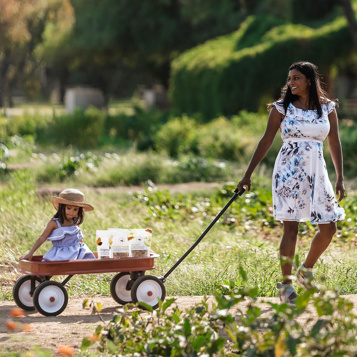 picture of little red wagon granola owner pulling her daughter in wagon outside for a blog about their minority business enterprise certification